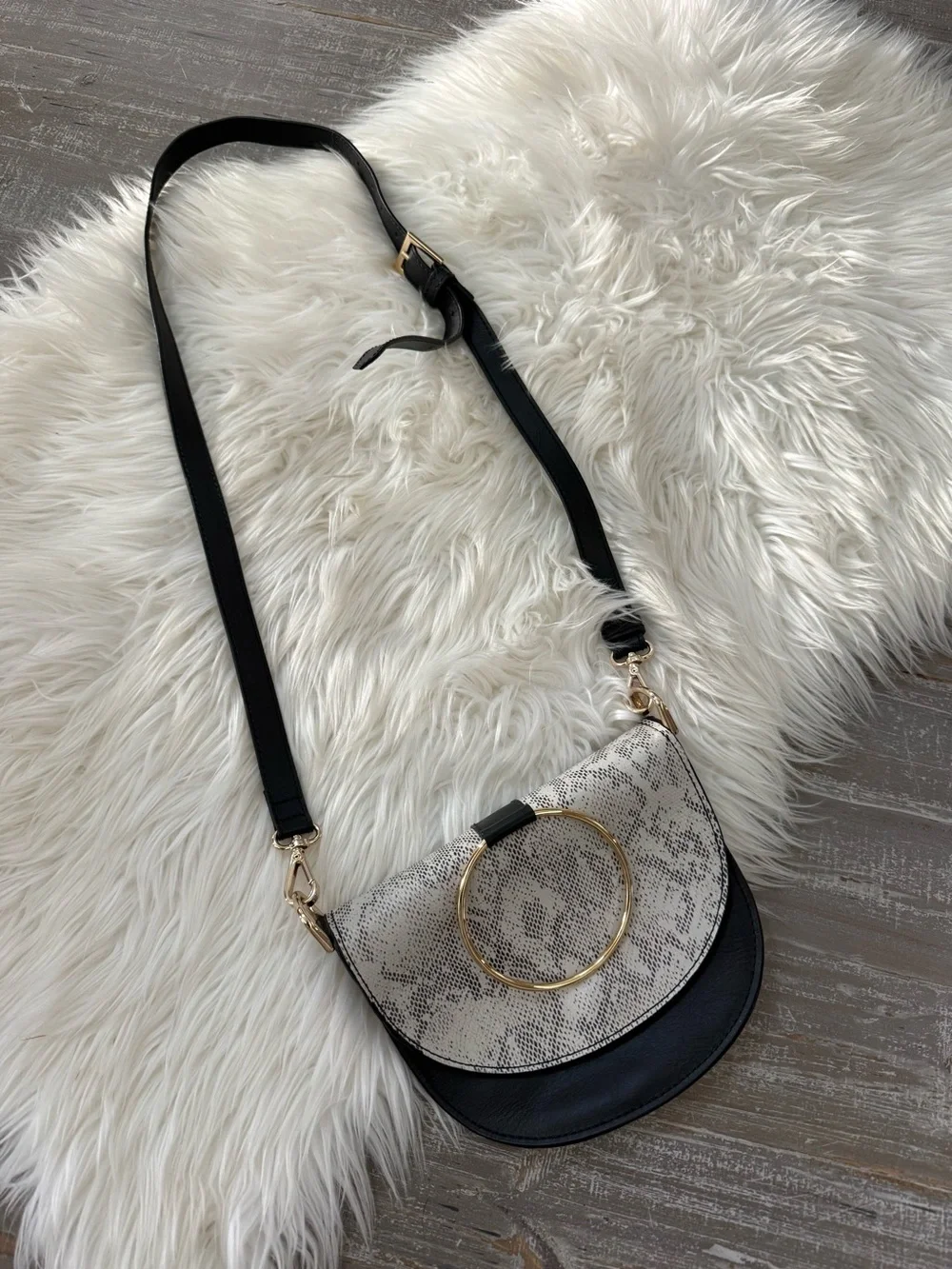 ABLE Fozi Slim Leather Crossbody Satchel Black & White Snake Print Ring Handba